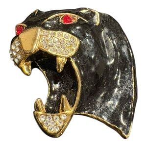 Vintage Gold & Black Enamel Panther Brooch Rhinestone Accents J18